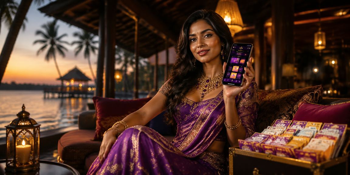Indian model showing Kerala lottery on digital device